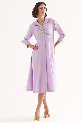 Lilac Cotton Poplin Embroidered Midi Dress by Our Love