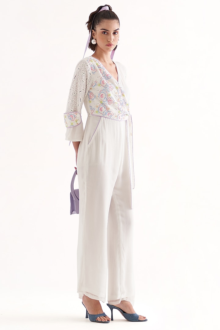 White Schiffli & Crinkle Chiffon Embroidered Jumpsuit by Our Love at Pernia's Pop Up Shop