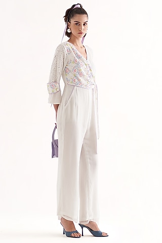 White Schiffli & Crinkle Chiffon Embroidered Jumpsuit by Our Love