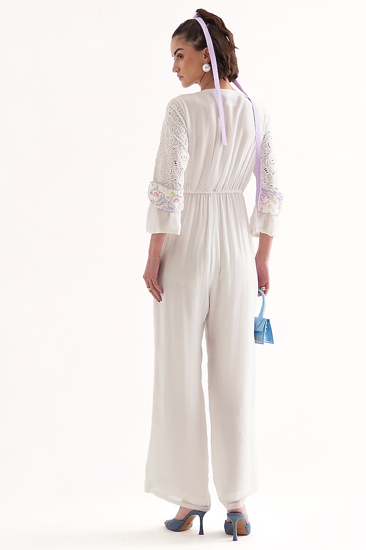 White Schiffli & Crinkle Chiffon Embroidered Jumpsuit by Our Love at Pernia's Pop Up Shop