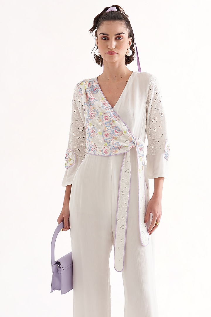 White Schiffli & Crinkle Chiffon Embroidered Jumpsuit by Our Love at Pernia's Pop Up Shop