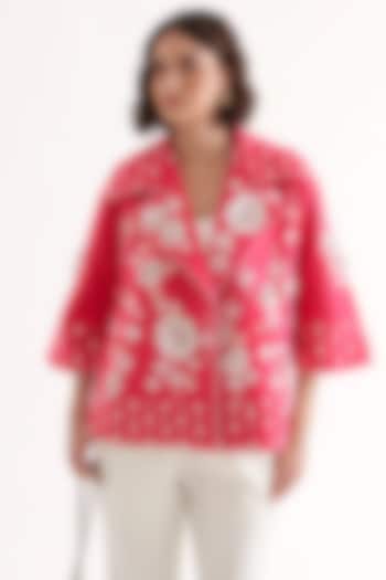 Fuchsia Banana Crepe Hand Embroidered Oversized Jacket by Our Love at Pernia's Pop Up Shop