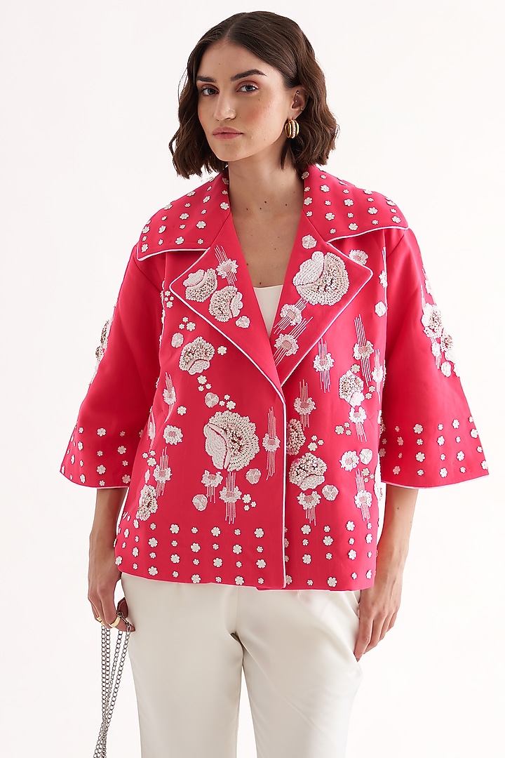 Fuchsia Banana Crepe Hand Embroidered Oversized Jacket by Our Love at Pernia's Pop Up Shop