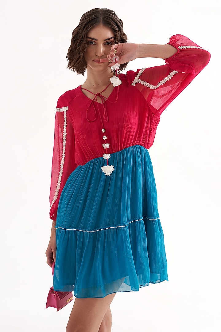 Fuchsia & Turquoise Crinkle Chiffon Mini Summer Dress by Our Love at Pernia's Pop Up Shop