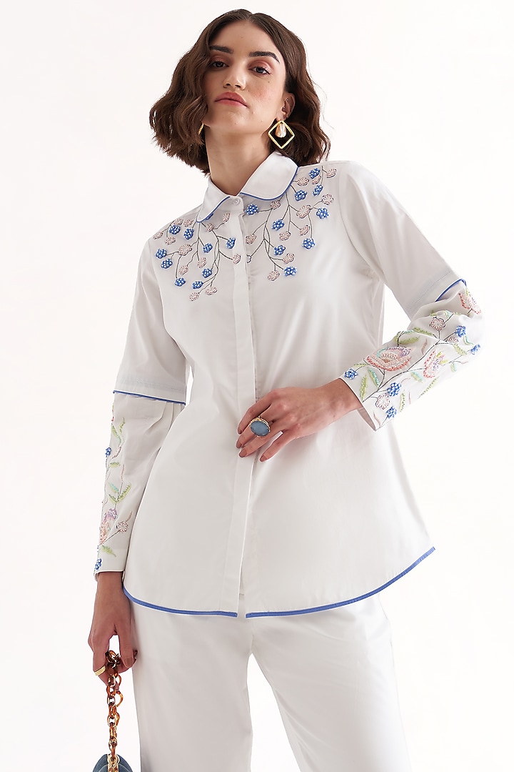 White Cotton Satin Embroidered Shirt by Our Love at Pernia's Pop Up Shop