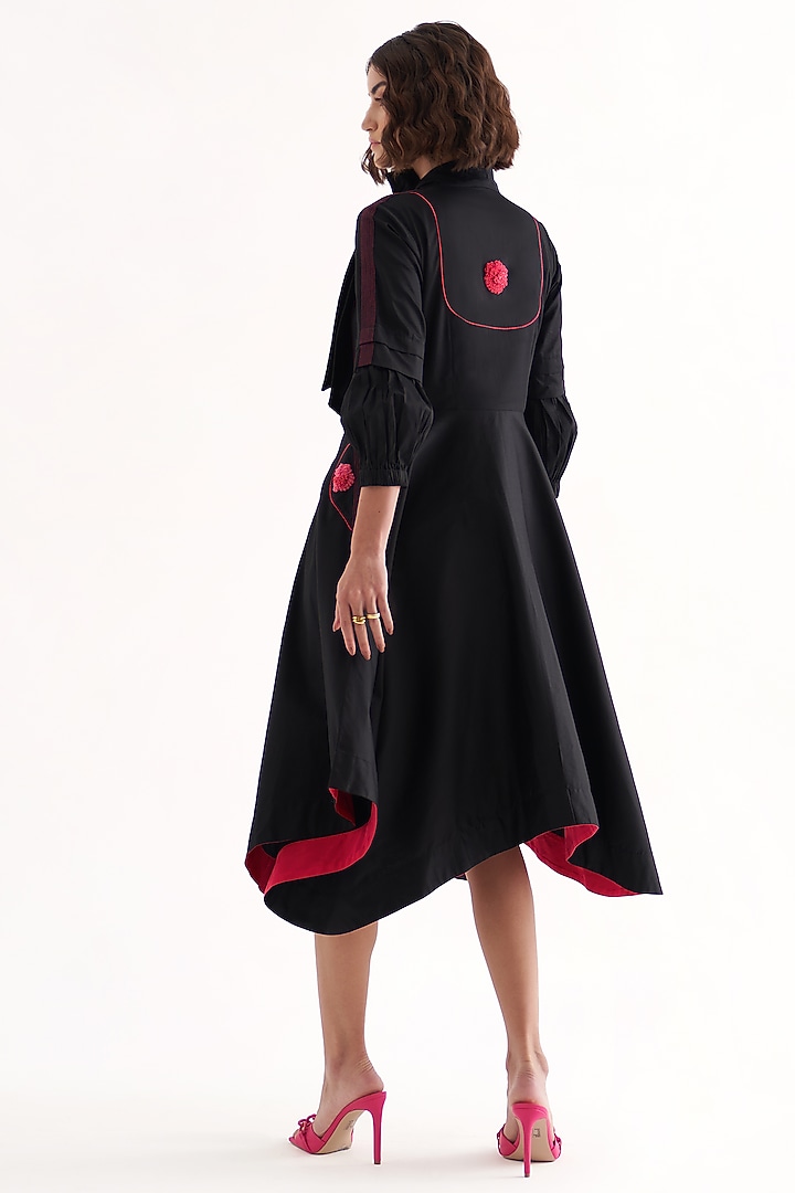 Black Cotton Poplin Embroidered Asymmetric Midi Summer Dress by Our Love at Pernia's Pop Up Shop