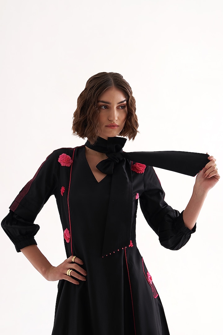 Black Cotton Poplin Embroidered Asymmetric Midi Summer Dress by Our Love at Pernia's Pop Up Shop