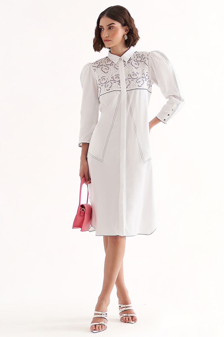 White Schiffli & Cotton Satin Embroidered Midi Dress by Our Love