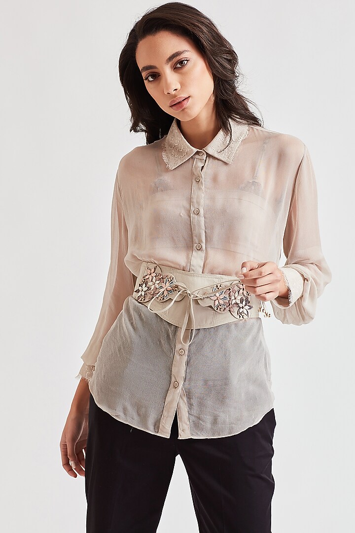 Beige Lace Collared Shirt by Our Love at Pernia's Pop Up Shop