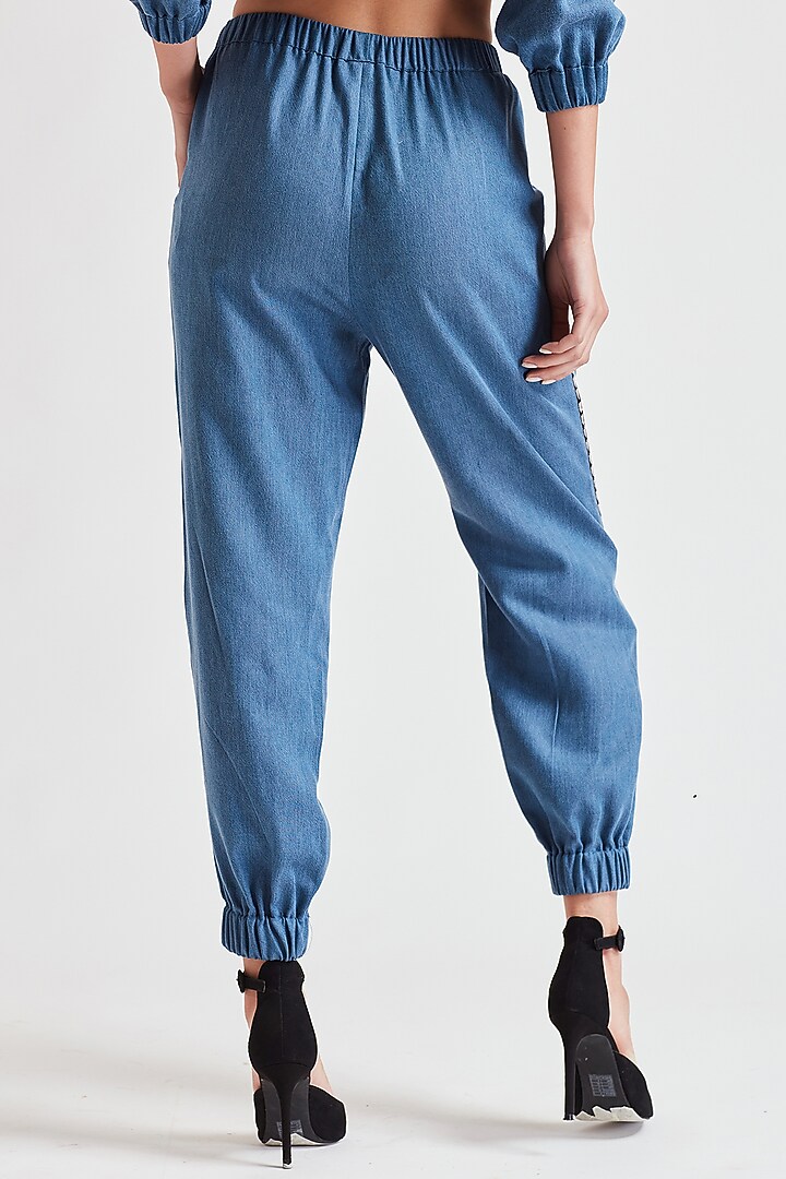 Cobalt Blue Embroidered Denim Joggers by Our Love at Pernia's Pop Up Shop