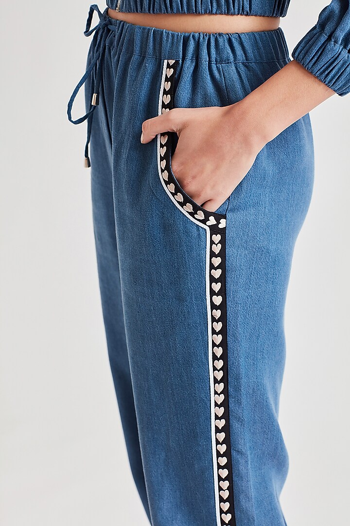 Cobalt Blue Embroidered Denim Joggers by Our Love at Pernia's Pop Up Shop