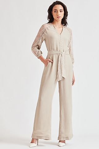 Beige Lace Applique Jumpsuit by Our Love