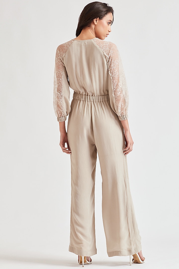 Beige Lace Applique Jumpsuit by Our Love at Pernia's Pop Up Shop