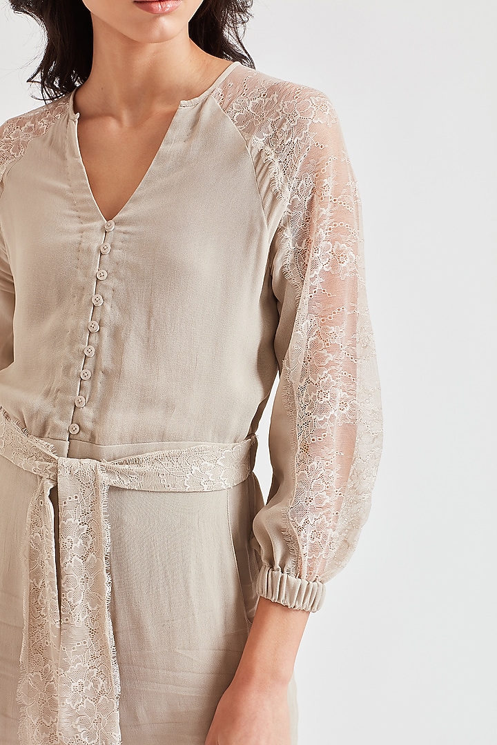 Beige Lace Applique Jumpsuit by Our Love at Pernia's Pop Up Shop