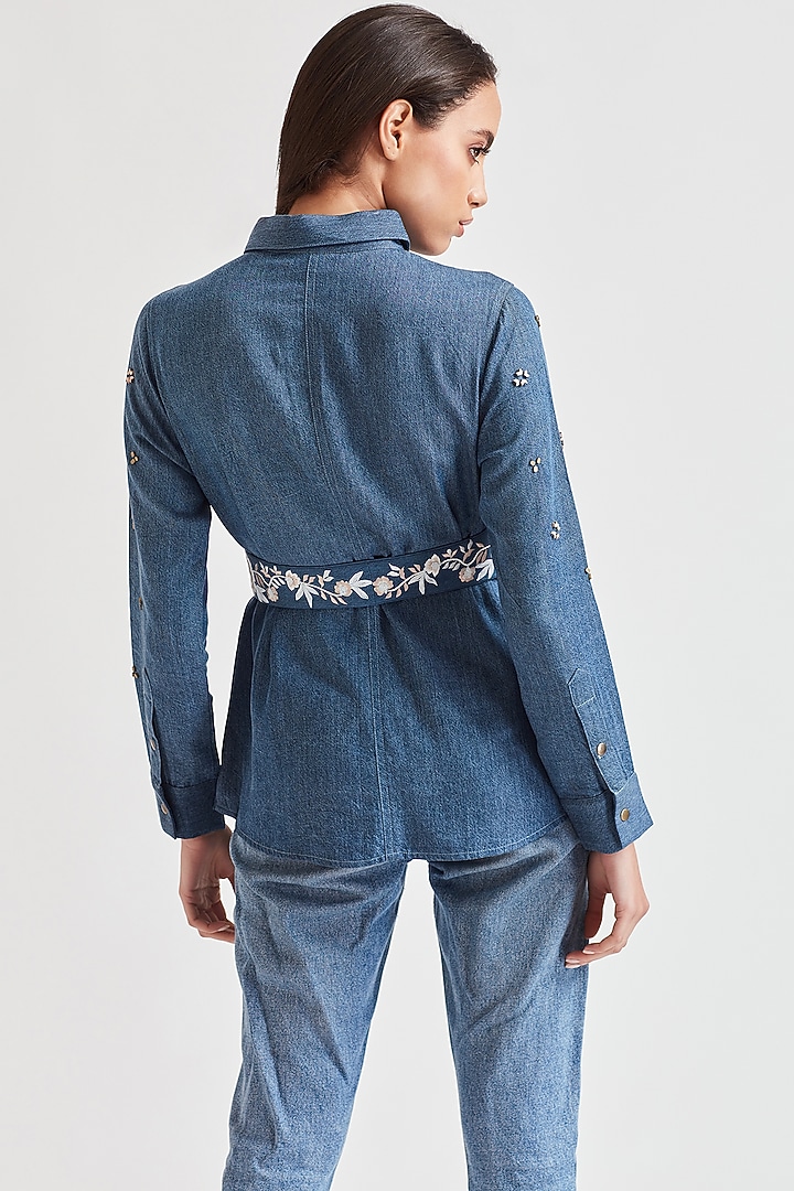 Blue Embroidered Denim Belt by Our Love at Pernia's Pop Up Shop
