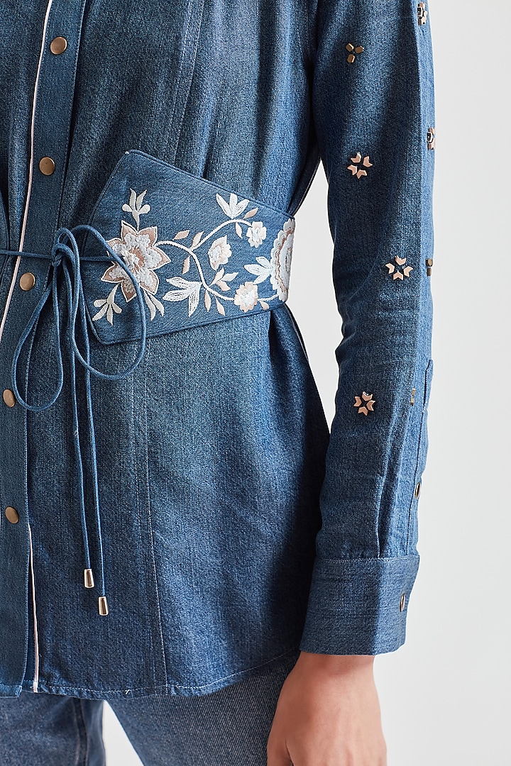 Blue Embroidered Denim Belt by Our Love at Pernia's Pop Up Shop