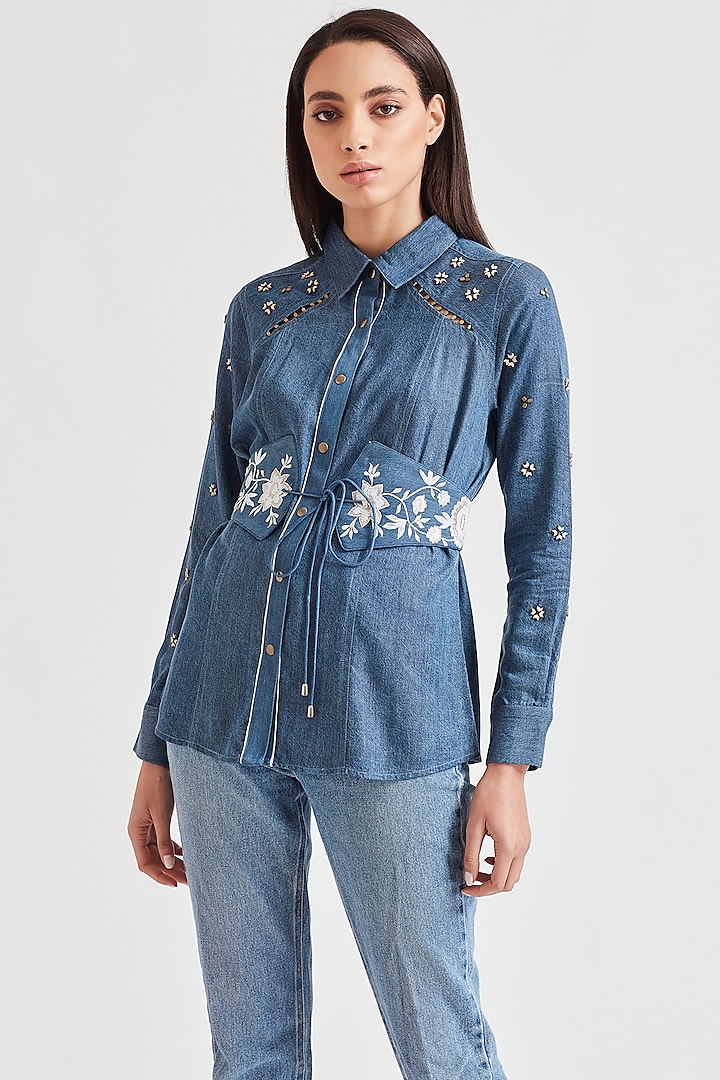 Cobalt Blue Shirt With Embroidered Belt by Our Love