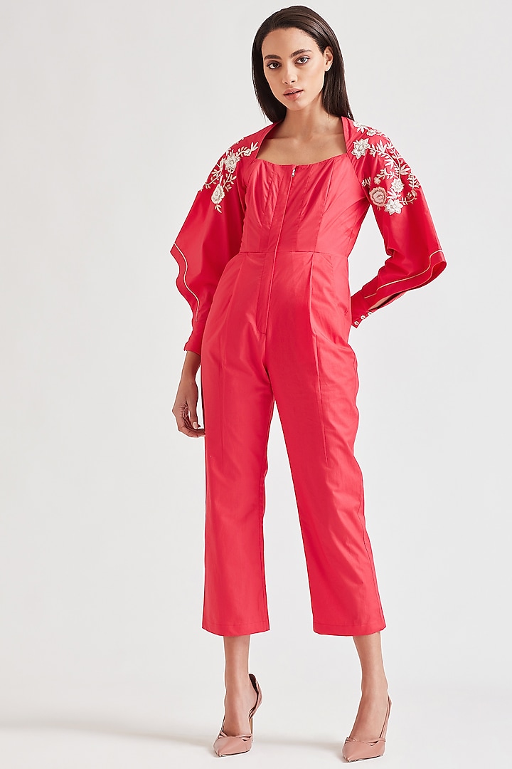 Fuchsia Embroidered Jumpsuit With Raglan Sleeves by Our Love