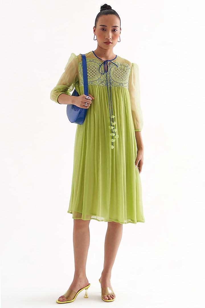 Green Crinkled Chiffon Lace Applique A-Line Embroidered Summer Dress by Our Love at Pernia's Pop Up Shop