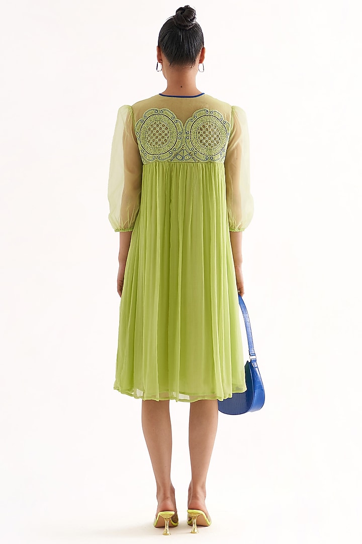 Green Crinkled Chiffon Lace Applique A-Line Embroidered Summer Dress by Our Love at Pernia's Pop Up Shop