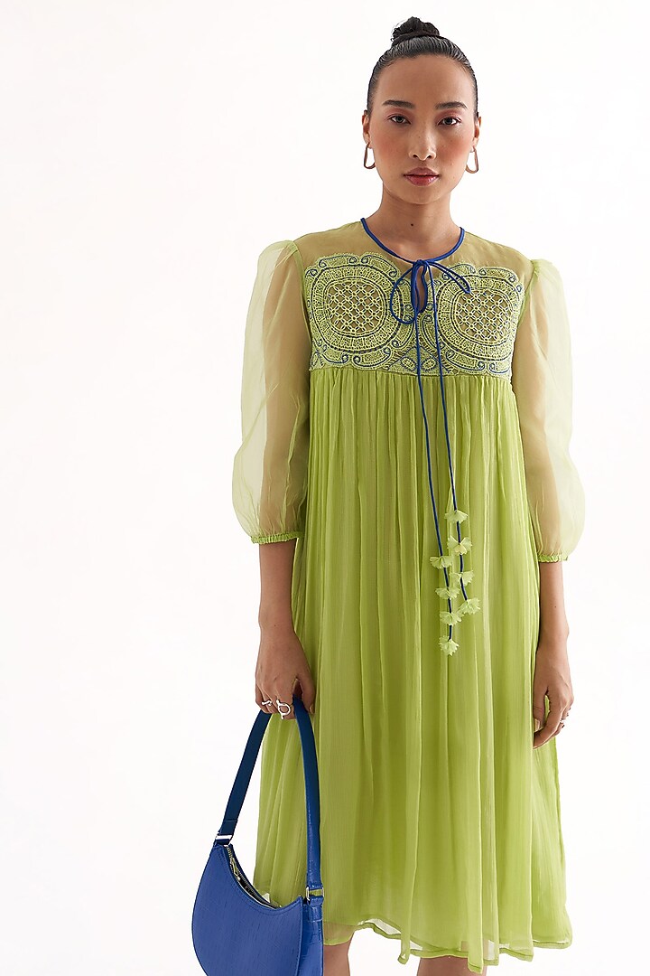 Green Crinkled Chiffon Lace Applique A-Line Embroidered Summer Dress by Our Love at Pernia's Pop Up Shop