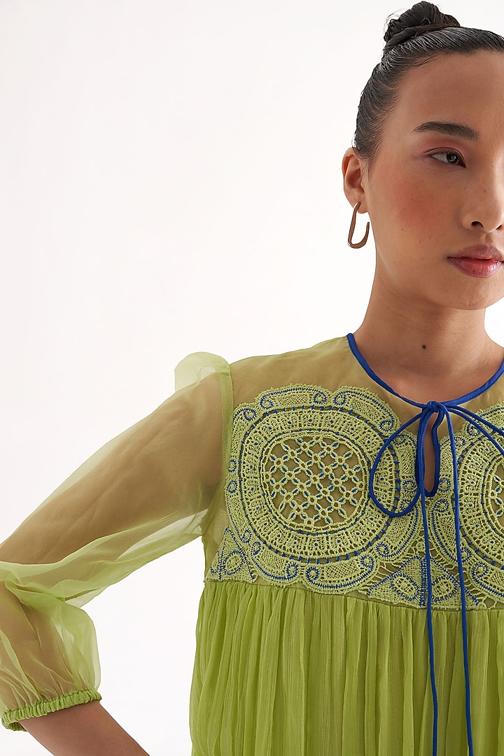 Green Crinkled Chiffon Lace Applique A-Line Embroidered Summer Dress by Our Love at Pernia's Pop Up Shop