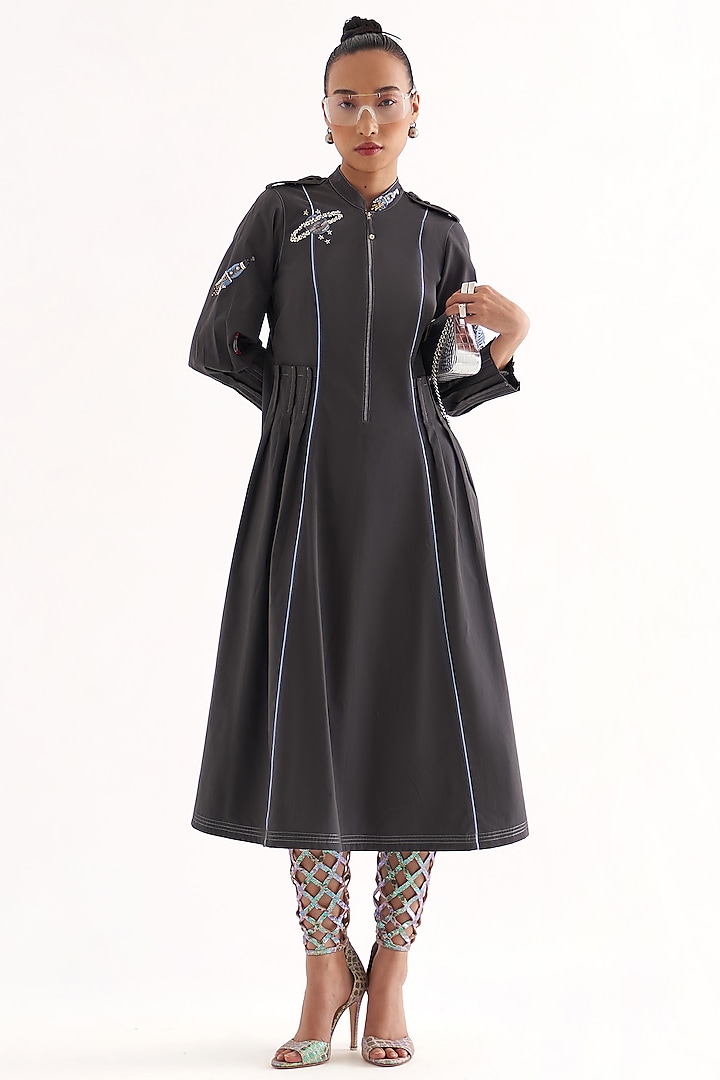 Grey Cotton Hand Embroidered Midi Summer Dress by Our Love at Pernia's Pop Up Shop