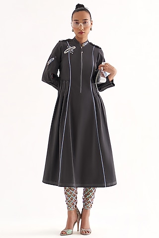 Grey Cotton Hand Embroidered Midi Dress by Our Love