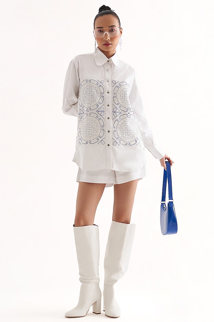 White Cotton Satin Lace Patchwork Shirt by Our Love