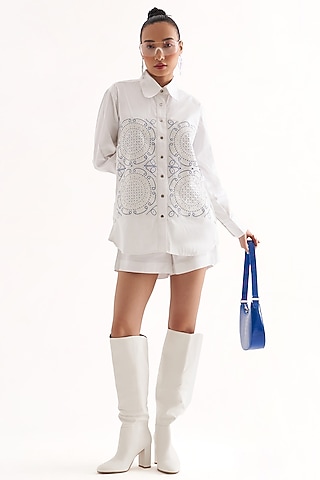 White Cotton Satin Lace Patchwork Shirt by Our Love
