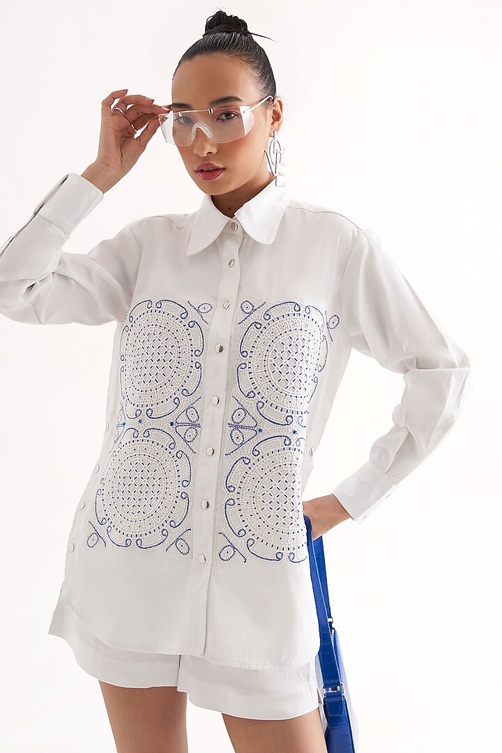 White Cotton Satin Lace Patchwork Shirt by Our Love at Pernia's Pop Up Shop