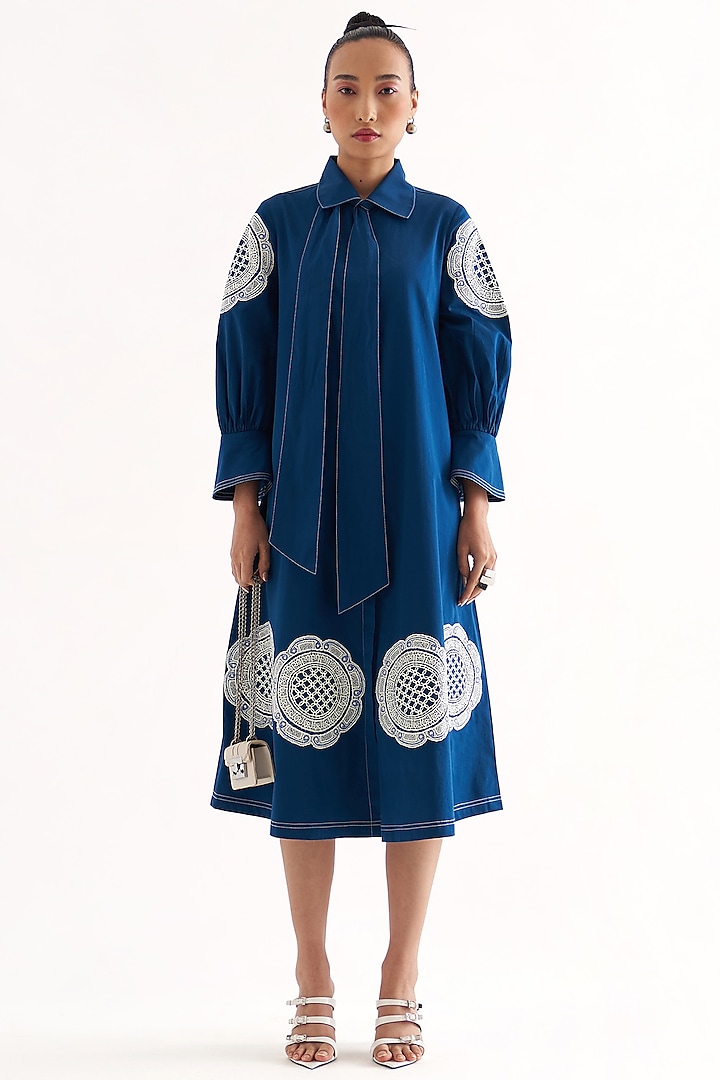 Persian Blue Cotton Lace Applique Midi Dress by Our Love