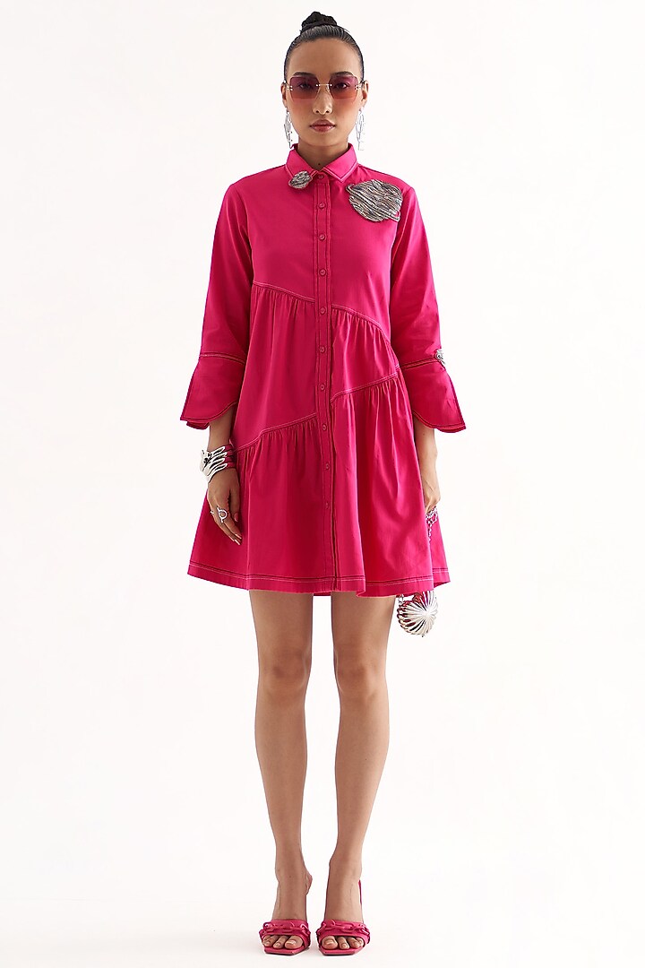 Pink Cotton Hand Embroidered Mini Dress by Our Love
