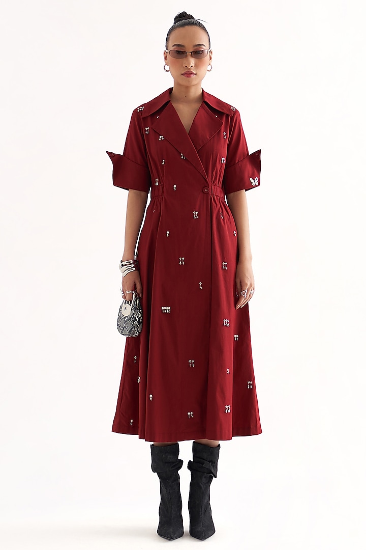 Maroon Cotton Poplin Embellished Wrap Trench Midi Dress by Our Love