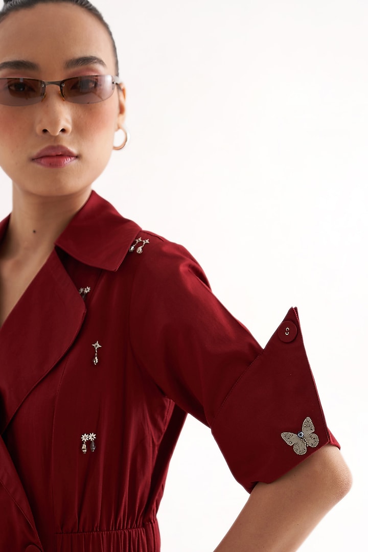 Maroon Cotton Poplin Embellished Wrap Trench Midi Summer Dress by Our Love at Pernia's Pop Up Shop