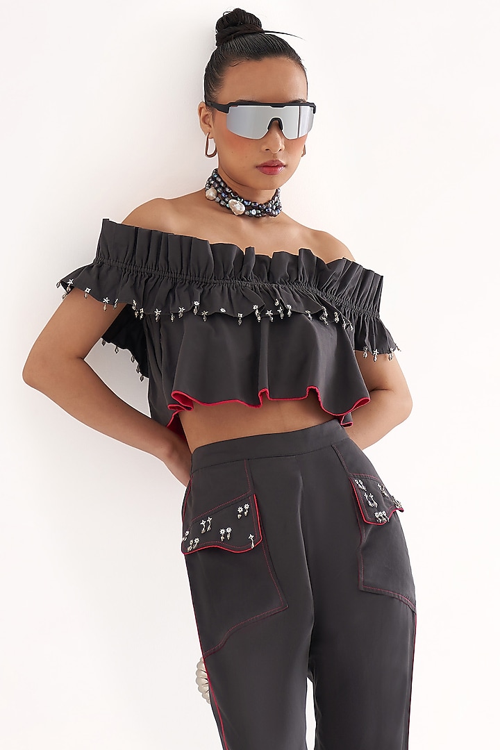 Grey Cotton Embellished Off-Shoulder Ruffled Crop Top by Our Love
