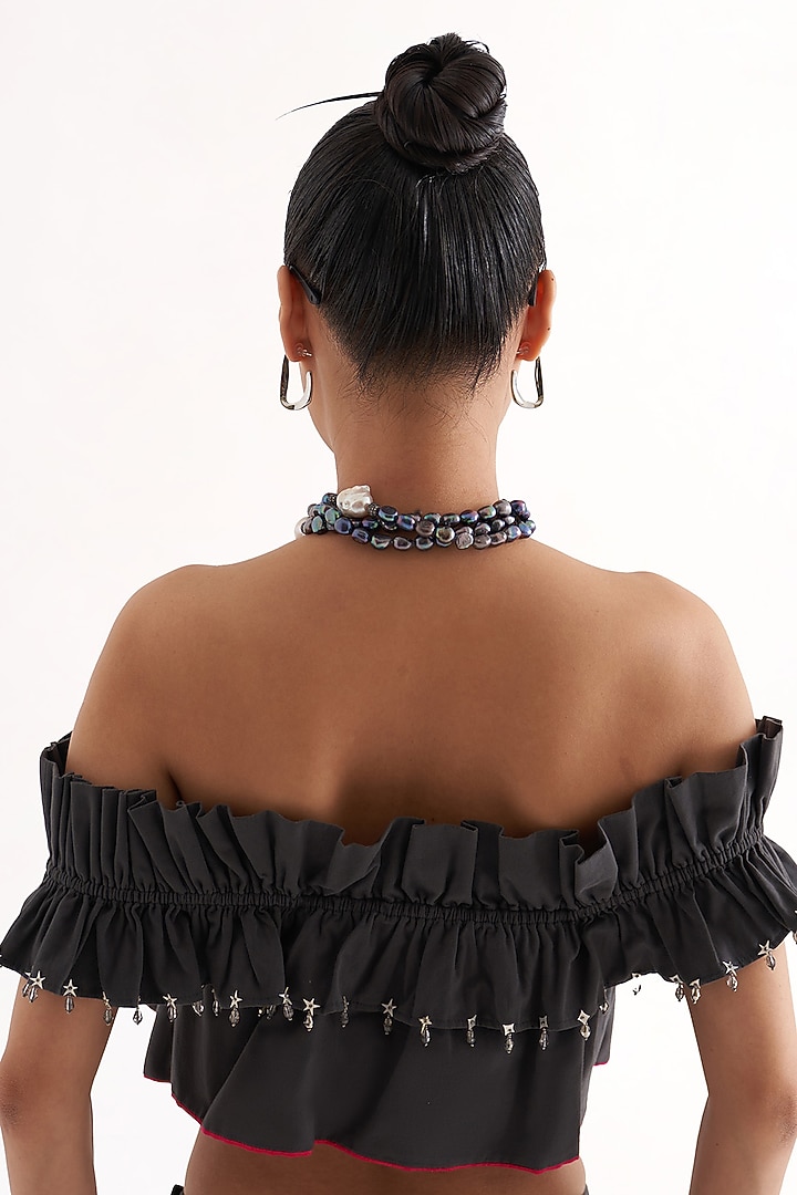 Grey Cotton Embellished Off-Shoulder Ruffled Crop Top by Our Love at Pernia's Pop Up Shop