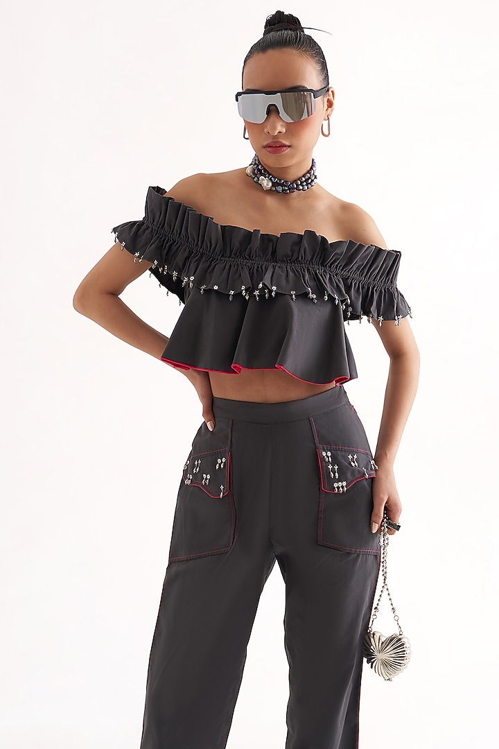 Grey Cotton Embellished Off-Shoulder Ruffled Crop Top by Our Love at Pernia's Pop Up Shop
