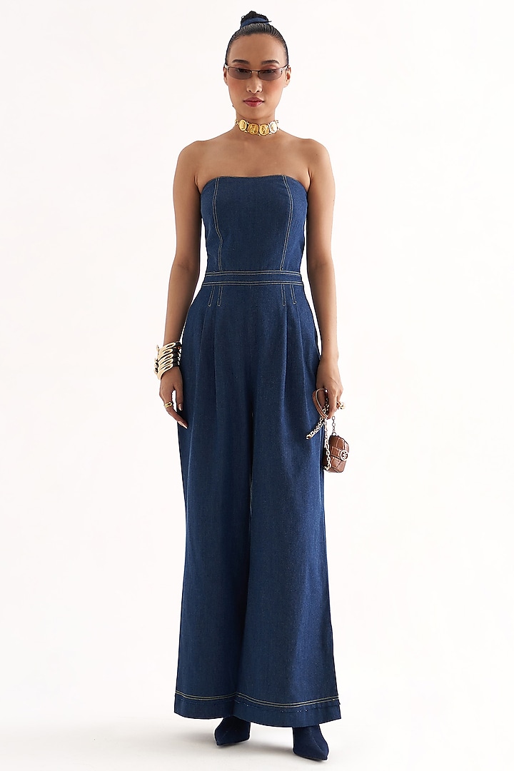 Galaxy Blue Denim Strapless Jumpsuit by Our Love