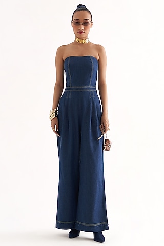 Galaxy Blue Denim Strapless Jumpsuit by Our Love