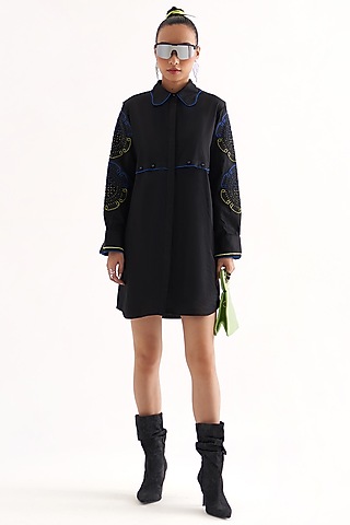 Black Cotton Lace Applique Embroidered Mini Dress by Our Love