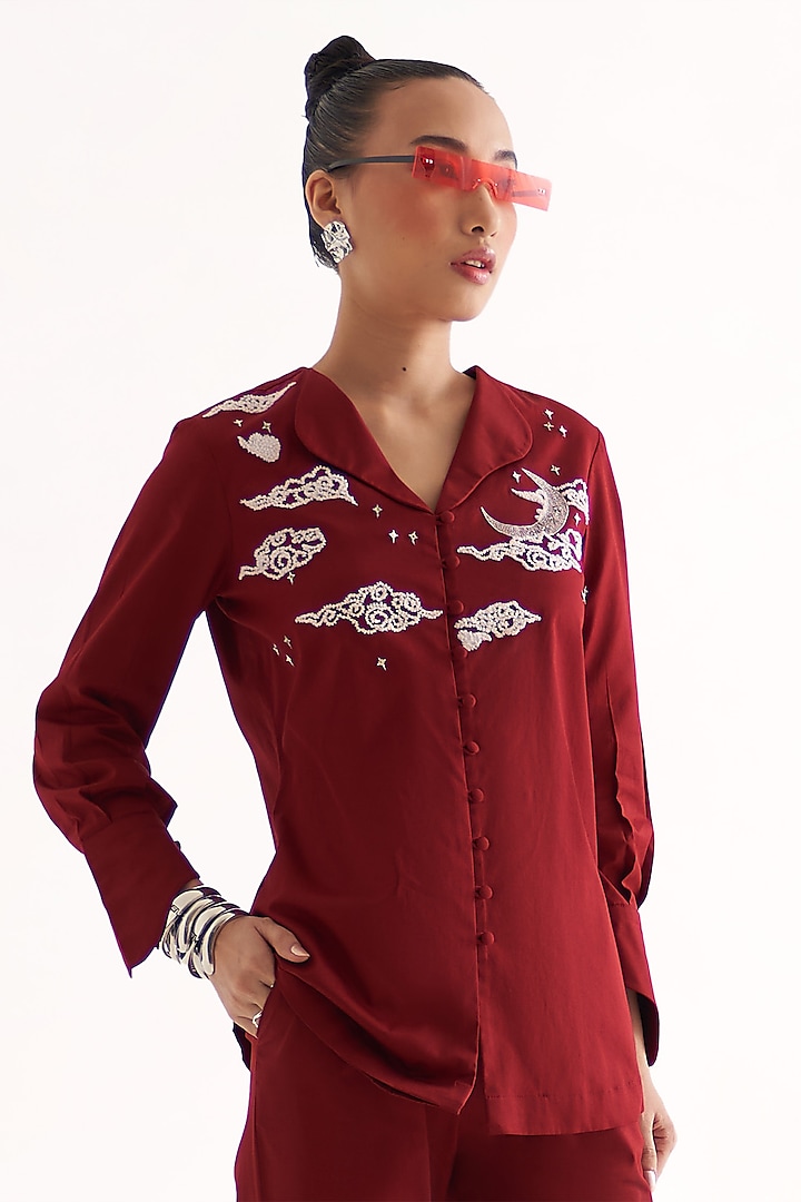Plum Cotton Hand Embroidered Shirt by Our Love