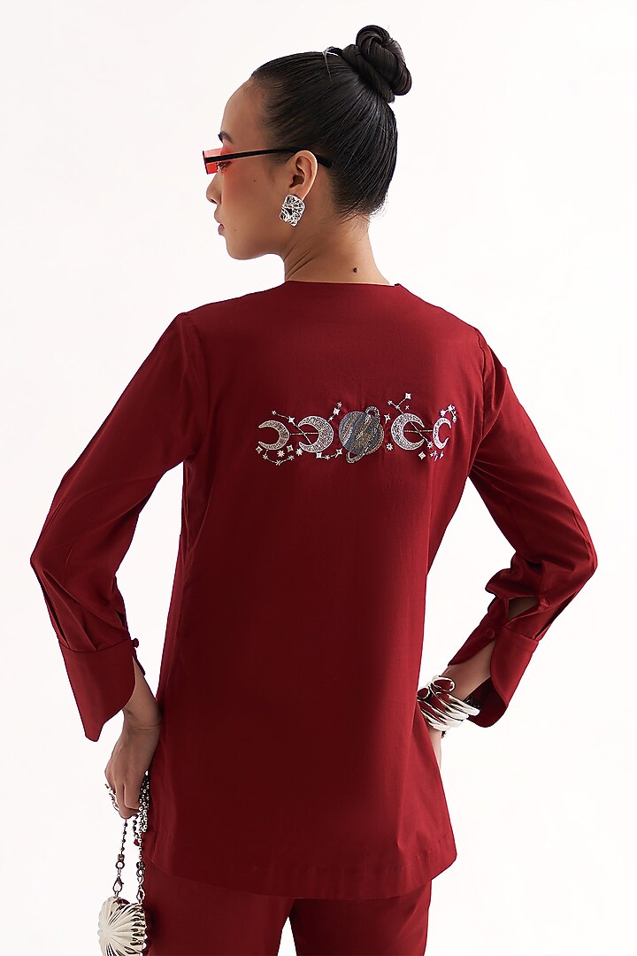 Plum Cotton Hand Embroidered Shirt by Our Love at Pernia's Pop Up Shop