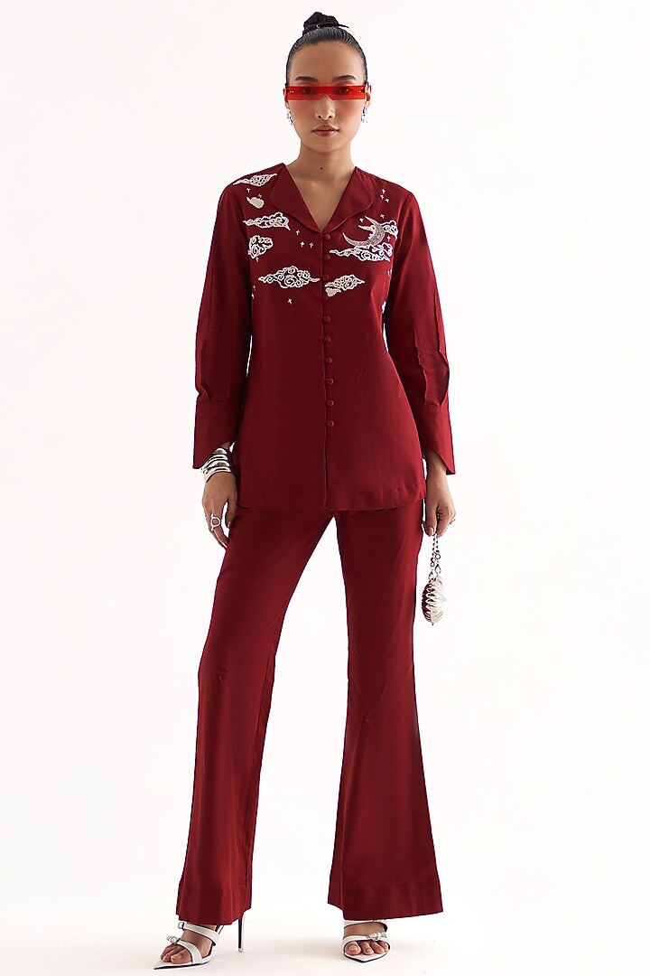 Plum Cotton Hand Embroidered Shirt by Our Love at Pernia's Pop Up Shop