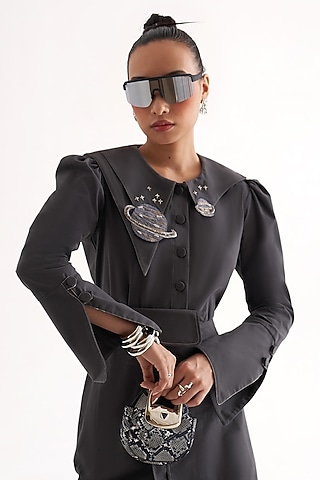 Grey Cotton Hand Embroidered Shirt by Our Love