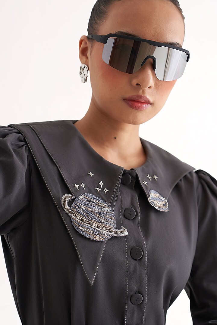 Grey Cotton Hand Embroidered Shirt by Our Love at Pernia's Pop Up Shop