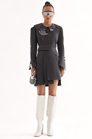 Grey Cotton Pleated A-Line Skirt by Our Love