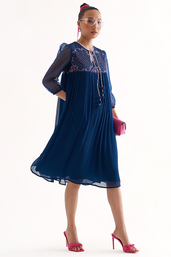 Persian Blue Crinkled Chiffon Floral Tassel Embroidered Knee-Length Dress by Our Love