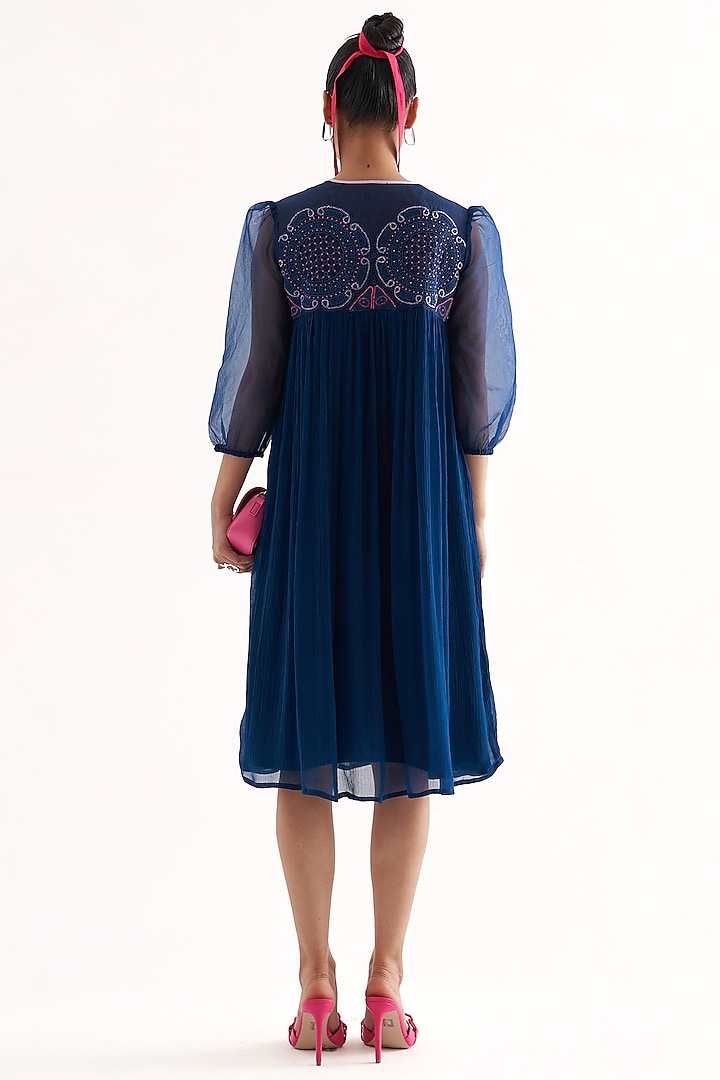 Persian Blue Crinkled Chiffon Floral Tassel Embroidered Knee-Length Summer Dress by Our Love at Pernia's Pop Up Shop