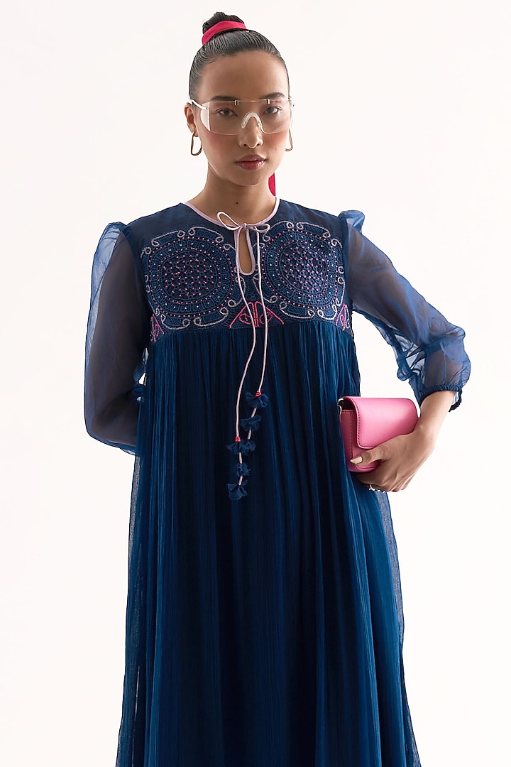 Persian Blue Crinkled Chiffon Floral Tassel Embroidered Knee-Length Summer Dress by Our Love at Pernia's Pop Up Shop